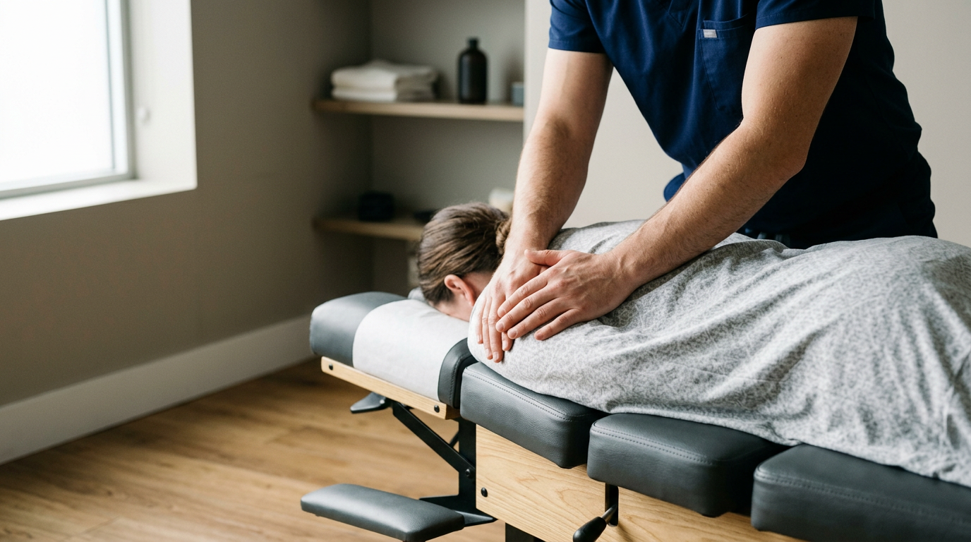 Chiropractor providing treatment on an adjusting table