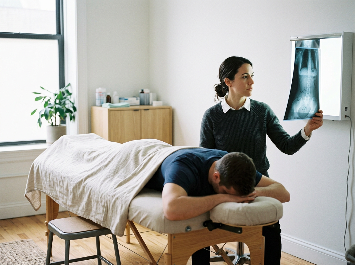 Osteopath examining an X-ray of a patient at our Southport clinic